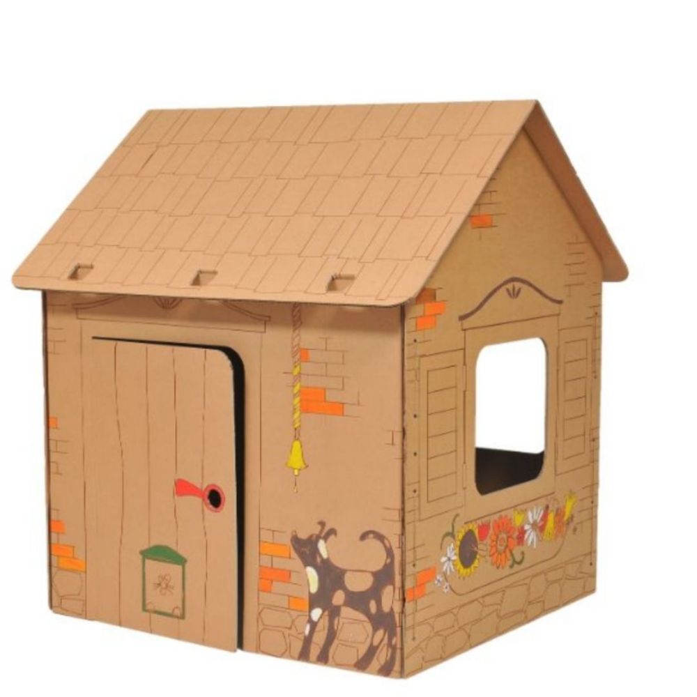 Cardboard playhouse Cabin with contours of nice animals, DIY, for